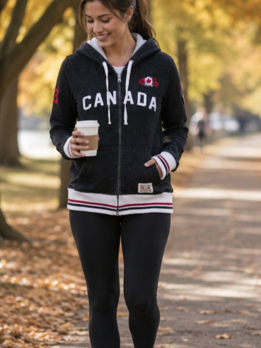 Roots Black Canada Zip-Up Hoodie with White Trim